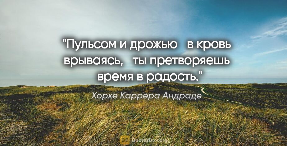 Хорхе Каррера Андраде цитата: "Пульсом и дрожью 

 в кровь врываясь, 

 ты претворяешь 

..."