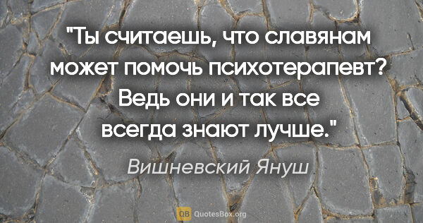 Вишневский Януш цитата: "Ты считаешь, что славянам может помочь психотерапевт? Ведь они..."