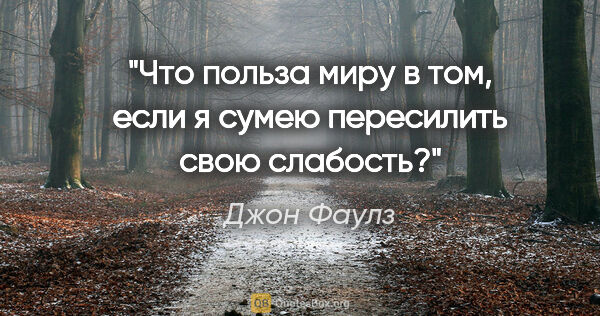 Джон Фаулз цитата: "Что польза миру в том, если я сумею пересилить свою слабость?"