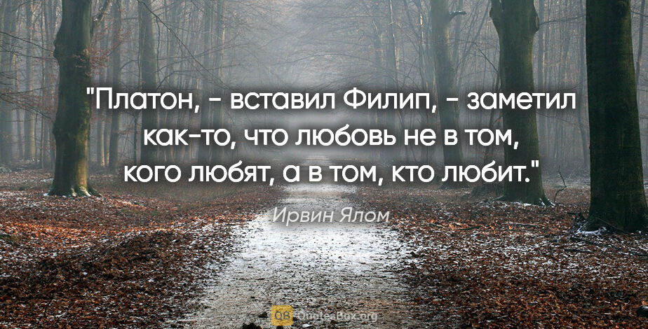 Ирвин Ялом цитата: "Платон, - вставил Филип, - заметил как-то, что любовь не в..."