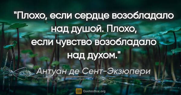 Антуан де Сент-Экзюпери цитата: "Плохо, если сердце возобладало над душой. Плохо, если чувство..."