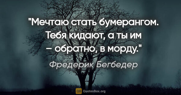 Фредерик Бегбедер цитата: "«Мечтаю стать бумерангом. Тебя кидают, а ты им – обратно, в..."