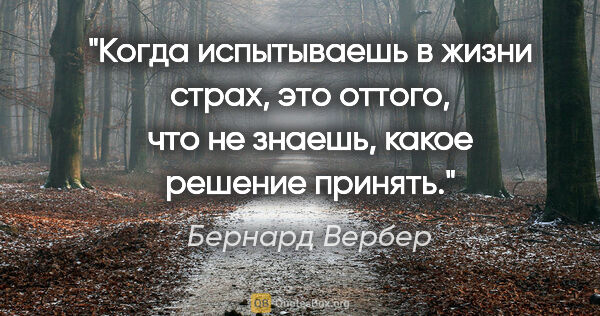 Бернард Вербер цитата: "Когда испытываешь в жизни страх, это оттого, что не знаешь,..."