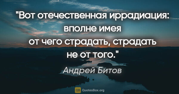Андрей Битов цитата: "Вот отечественная иррадиация: вполне имея от чего страдать,..."