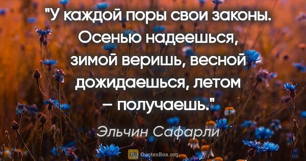 Эльчин Сафарли цитата: "У каждой поры свои законы. Осенью надеешься, зимой веришь,..."