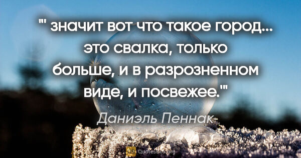 Даниэль Пеннак цитата: "' значит вот что такое город... это свалка, только больше, и в..."