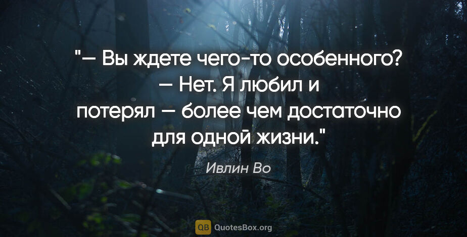 Ивлин Во цитата: "— Вы ждете чего-то особенного?

— Нет. Я любил и потерял —..."