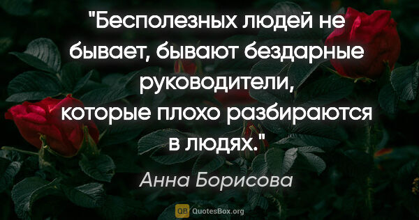 Анна Борисова цитата: "Бесполезных людей не бывает, бывают бездарные руководители,..."
