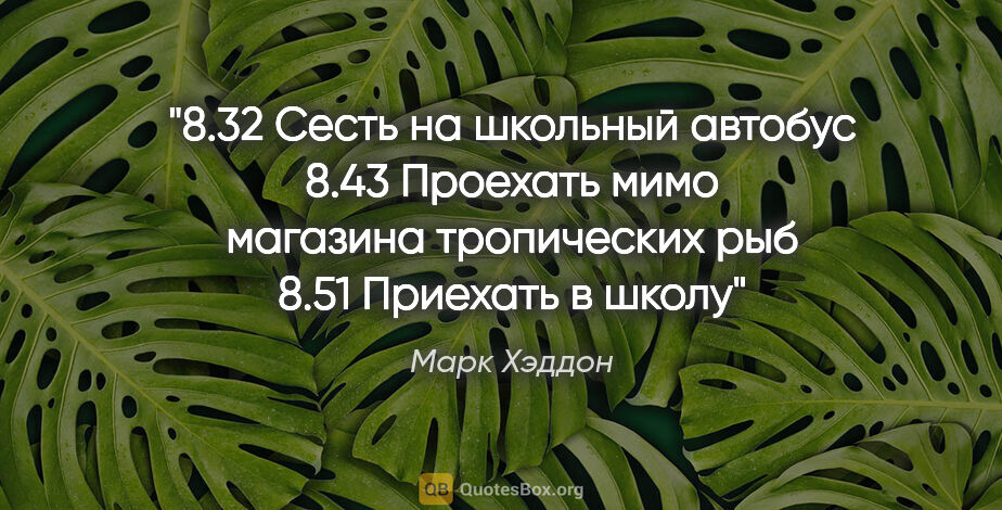 Марк Хэддон цитата: "8.32 Сесть на школьный автобус

8.43 Проехать мимо магазина..."