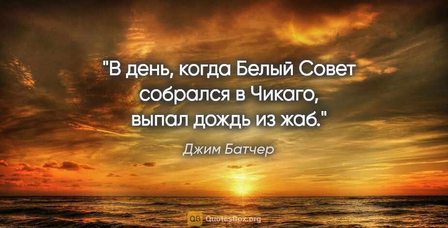 Джим Батчер цитата: "В день, когда Белый Совет собрался в Чикаго, выпал дождь из жаб."