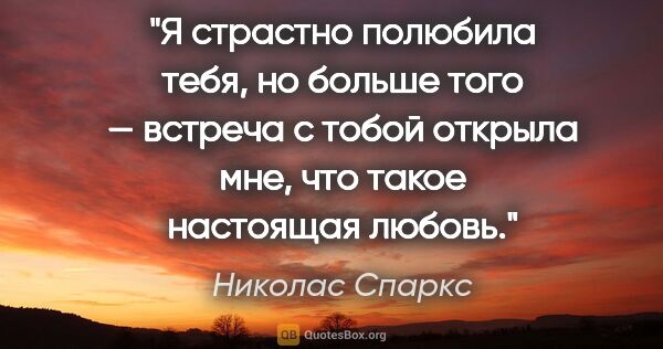 Николас Спаркс цитата: "Я страстно полюбила тебя, но больше того — встреча с тобой..."