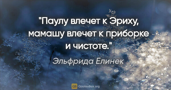 Эльфрида Елинек цитата: "Паулу влечет к Эриху, мамашу влечет к приборке и чистоте."