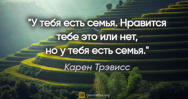 Карен Трэвисс цитата: ""У тебя есть семья. Нравится тебе это или нет, но у тебя есть..."