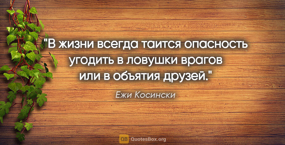 Ежи Косински цитата: "В жизни всегда таится опасность угодить в ловушки врагов или в..."