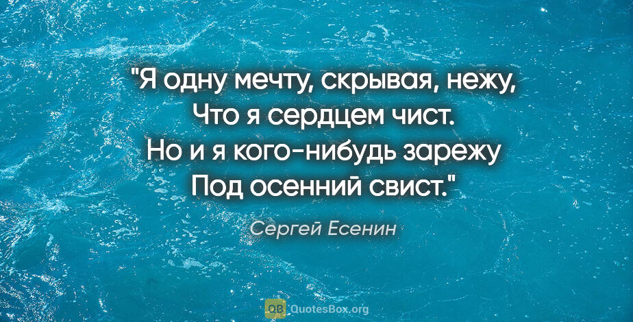 Сергей Есенин цитата: "Я одну мечту, скрывая, нежу,

Что я сердцем чист.

Но и я..."