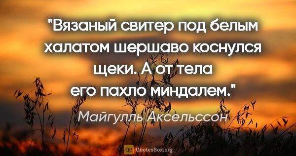 Майгулль Аксельссон цитата: ""Вязаный свитер под белым халатом шершаво коснулся щеки. А от..."