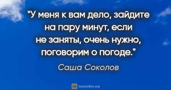 Саша Соколов цитата: ""У меня к вам дело, зайдите на пару минут, если не заняты,..."