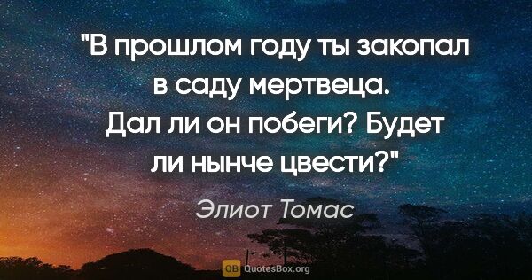 Элиот Томас цитата: "В прошлом году ты закопал в саду мертвеца. 

Дал ли он побеги?..."