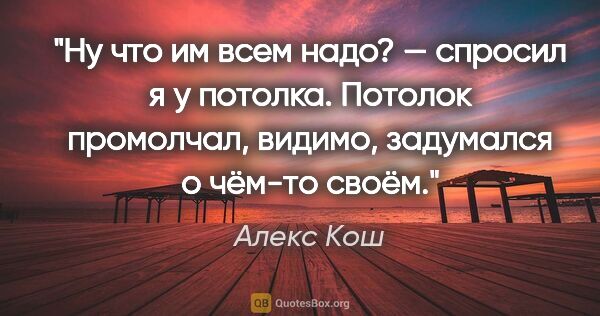 Алекс Кош цитата: "Ну что им всем надо? — спросил я у потолка. Потолок промолчал,..."