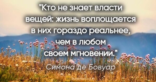 Симона де Бовуар цитата: "Кто не знает власти вещей: жизнь воплощается в них гораздо..."