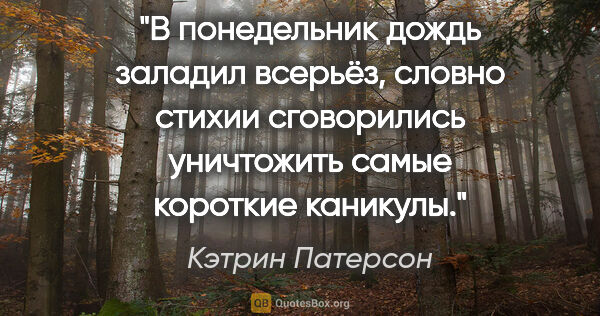 Кэтрин Патерсон цитата: "В понедельник дождь заладил всерьёз, словно стихии сговорились..."