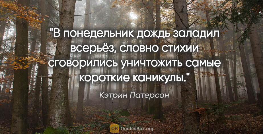 Кэтрин Патерсон цитата: "В понедельник дождь заладил всерьёз, словно стихии сговорились..."