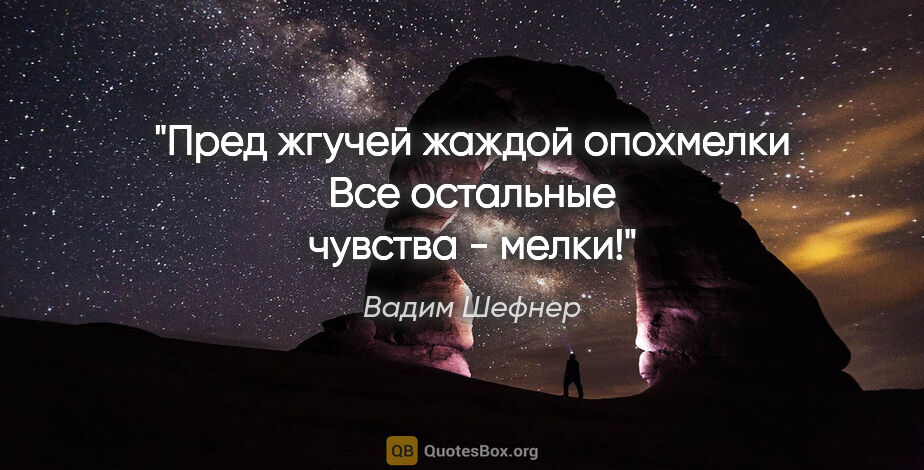 Вадим Шефнер цитата: ""Пред жгучей жаждой опохмелки

Все остальные чувства - мелки!""