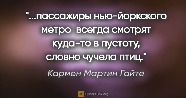 Кармен Мартин Гайте цитата: "пассажиры нью-йоркского метро  всегда смотрят куда-то в..."