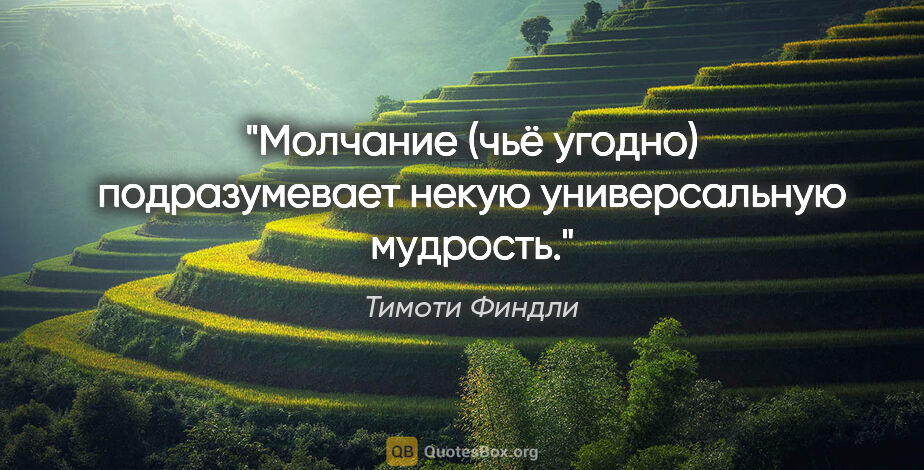 Тимоти Финдли цитата: "Молчание (чьё угодно) подразумевает некую универсальную мудрость."