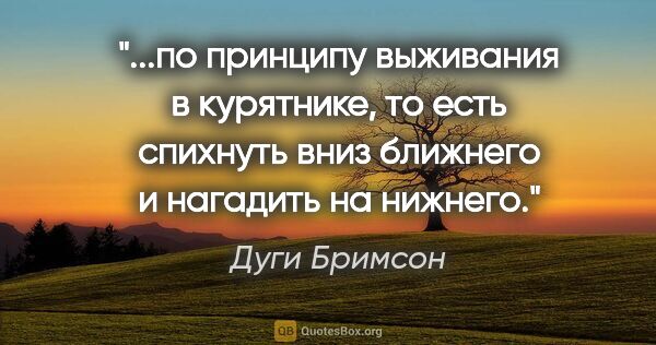 Дуги Бримсон цитата: "по принципу «выживания в курятнике», то есть спихнуть вниз..."