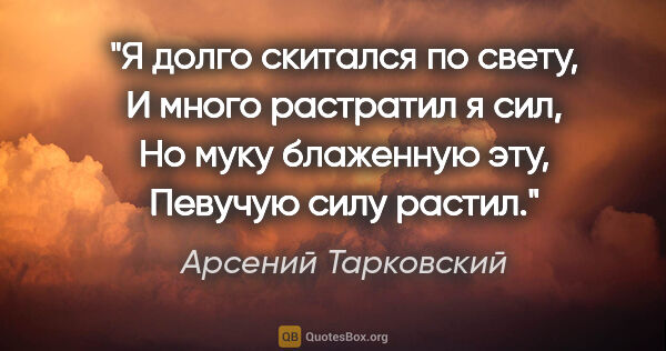Арсений Тарковский цитата: "Я долго скитался по свету,

И много растратил я сил,

Но муку..."