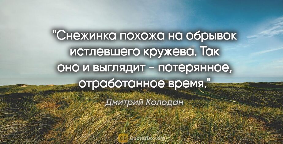 Дмитрий Колодан цитата: "Снежинка похожа на обрывок истлевшего кружева. Так оно и..."