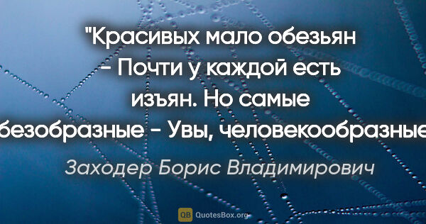 Заходер Борис Владимирович цитата: "Красивых мало обезьян -

Почти у каждой есть изъян.

Но самые..."