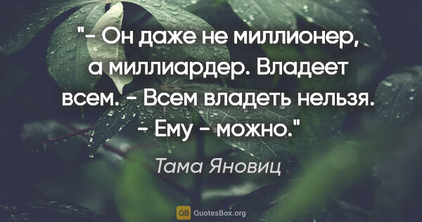 Тама Яновиц цитата: "- Он даже не миллионер, а миллиардер. Владеет всем.

- Всем..."