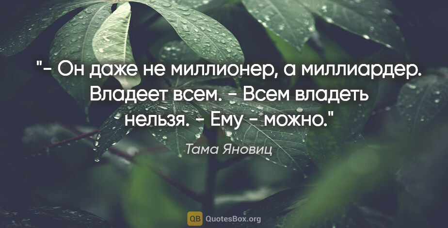 Тама Яновиц цитата: "- Он даже не миллионер, а миллиардер. Владеет всем.

- Всем..."