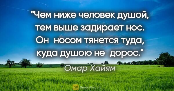 Омар Хайям цитата: "Чем ниже человек душой, тем выше задирает нос. Он носом..."