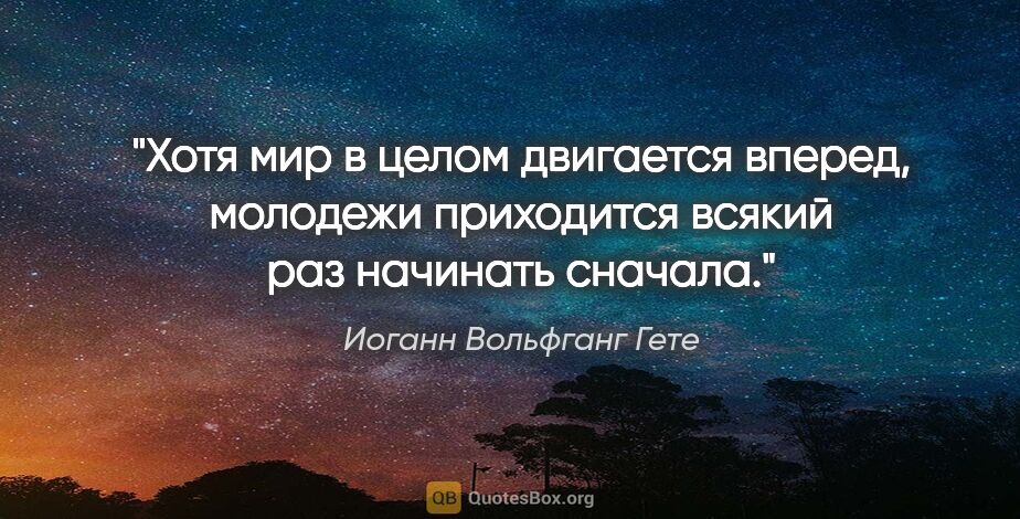 Иоганн Вольфганг Гете цитата: "«Хотя мир в целом двигается вперед, молодежи приходится всякий..."