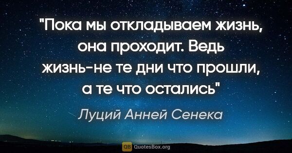 Луций Анней Сенека цитата: "Пока мы откладываем жизнь, она проходит. Ведь жизнь-не те дни..."