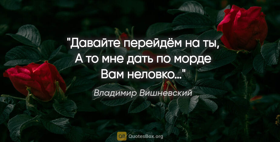 Владимир Вишневский цитата: "Давайте перейдём на «ты»,
А то мне дать по морде Вам неловко…"