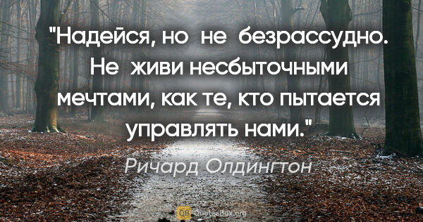 Ричард Олдингтон цитата: "Надейся, но не безрассудно. Не живи несбыточными мечтами, как..."