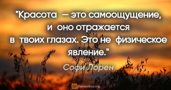 Софи Лорен цитата: "Красота — это самоощущение, и оно отражается в твоих глазах...."