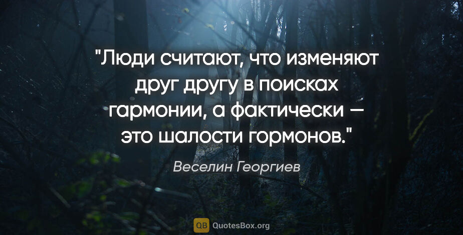 Веселин Георгиев цитата: "Люди считают, что изменяют друг другу в поисках гармонии, а..."