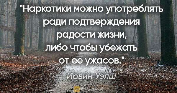 Ирвин Уэлш цитата: "Наркотики можно употреблять ради подтверждения радости жизни,..."