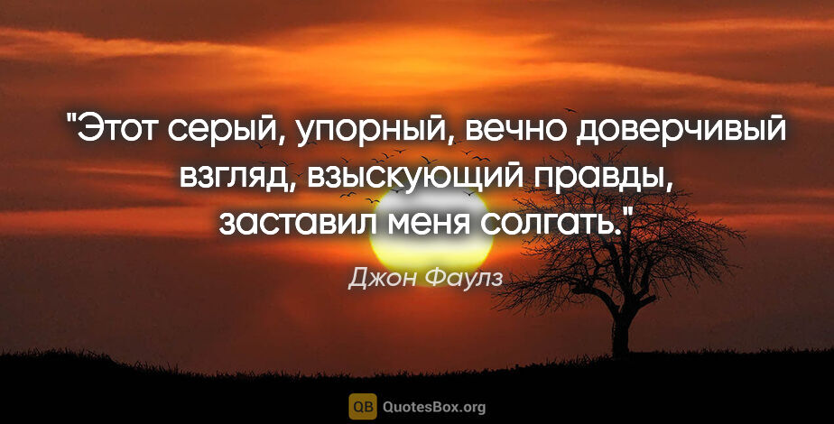 Джон Фаулз цитата: "Этот серый, упорный, вечно доверчивый взгляд, взыскующий..."