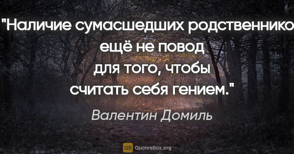 Валентин Домиль цитата: "Наличие сумасшедших родственников ещё не повод для того, чтобы..."