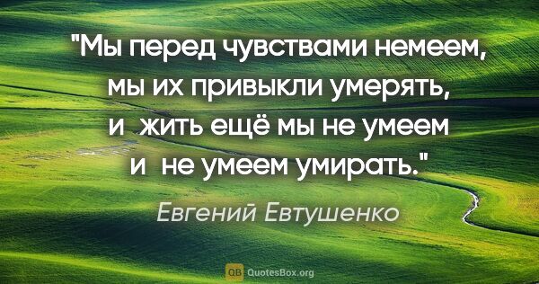 Евгений Евтушенко цитата: "Мы перед чувствами немеем,

мы их привыкли умерять,

и жить..."
