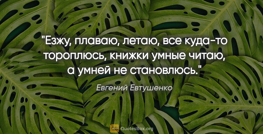 Евгений Евтушенко цитата: "Езжу, плаваю, летаю,

все куда-то тороплюсь,

книжки умные..."