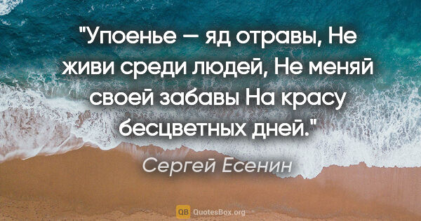 Сергей Есенин цитата: "Упоенье — яд отравы,

Не живи среди людей,

Не меняй своей..."