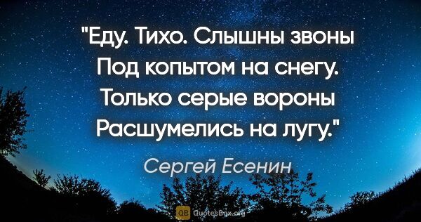 Сергей Есенин цитата: "Еду. Тихо. Слышны звоны

Под копытом на снегу.

Только серые..."