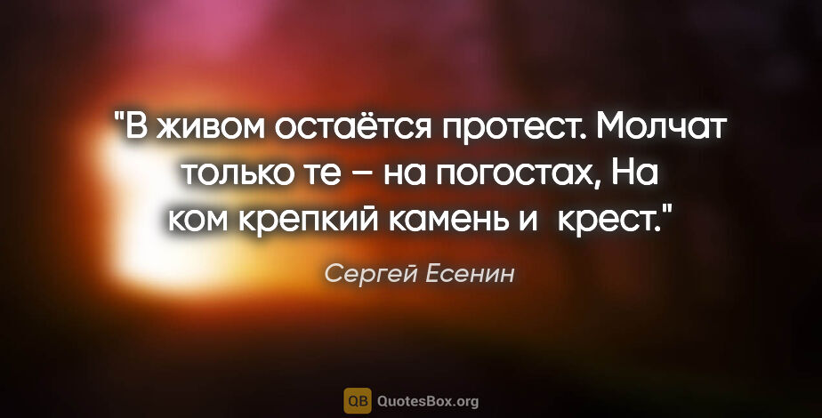Сергей Есенин цитата: "В живом остаётся протест.

Молчат только те – на погостах,

На..."